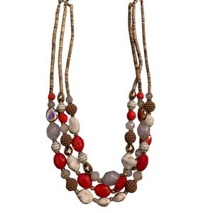 Multistrand red & neutral beaded statement necklace w/ free earrings